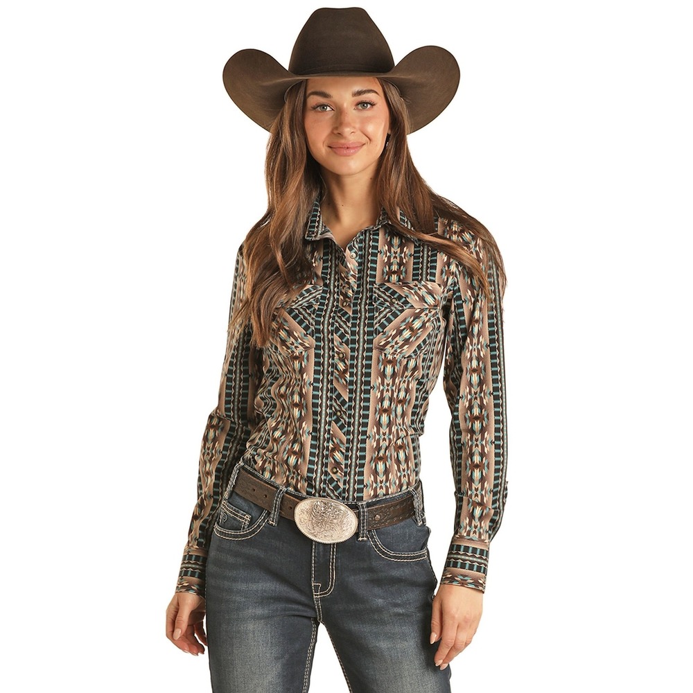 Rock and Roll Denim Womens Western Snap Shirt Large Brown Southwestern Geometric